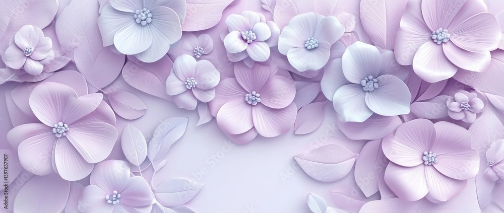 Obraz premium This delicate lavender floral design, complete with three-dimensional blossoms and leaves, is perfect for creating a serene and elegant atmosphere in spring-themed decorating