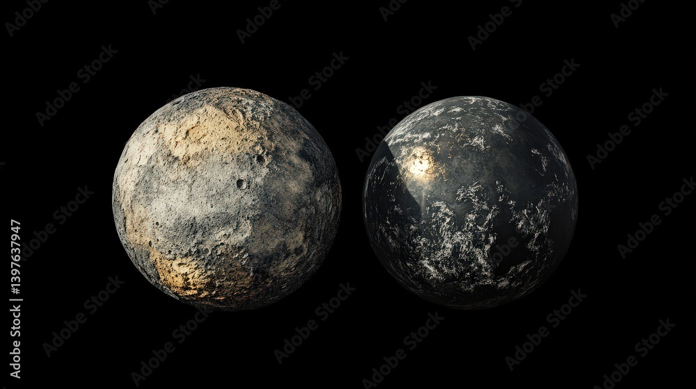 A realistic depiction of Earth and the Moon, with the Sun casting light on their surfaces A realistic depiction of Earth and the Moon, with the Sun casting light on their surfaces