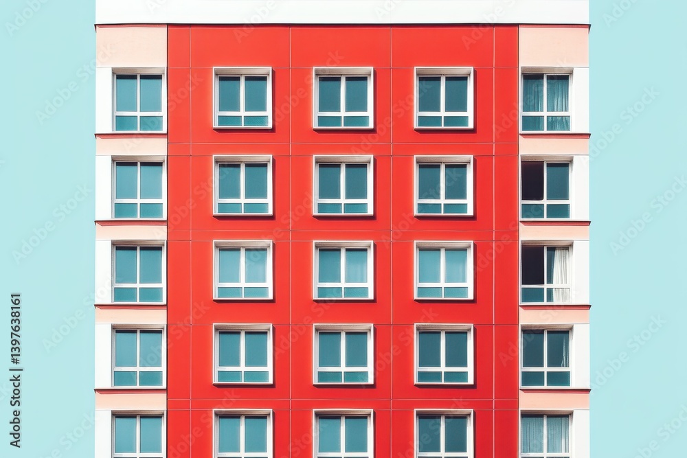 Naklejka premium Modern architecture, geometric shapes, red and white building exterior, blue glass windows