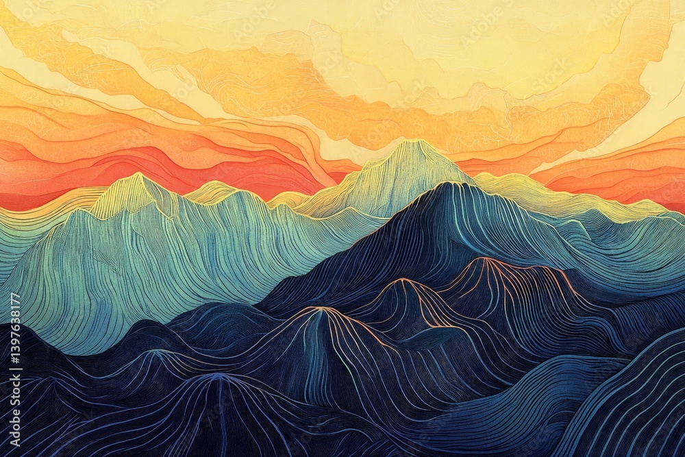 An abstract landscape of layered mountains, swathed in a rich tapestry of warm and cool tones, showcases a captivating blend of orange, pink, blue, and gray hues that mesmerize the viewer An abstract landscape of layered mountains, swathed in a rich tapestry of warm and cool tones, showcases a captivating blend of orange, pink, blue, and gray hues that mesmerize the viewer