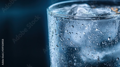 A refreshing glass of ice-cold water with condensation forming on the surface.