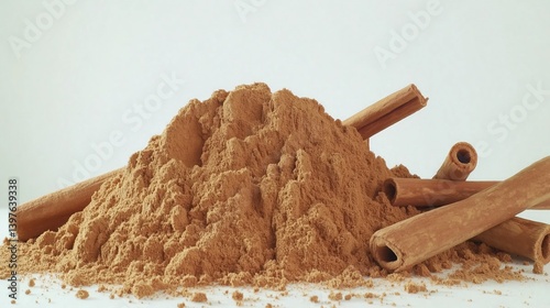 A mound of finely ground cinnamon powder with whole cinnamon sticks scattered throughout, isolated on a white background. 