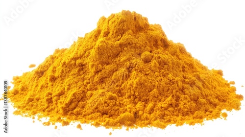 A mound of golden-yellow turmeric powder, finely ground with a soft, slightly clumpy texture. The pile has gentle indentations, with tiny specks of powder dispersed around the base. isolated on white 