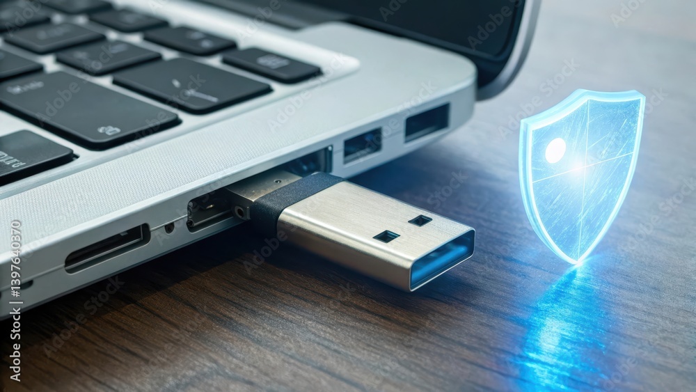 Fototapeta premium USB drive connected to a laptop with a digital security shield graphic.