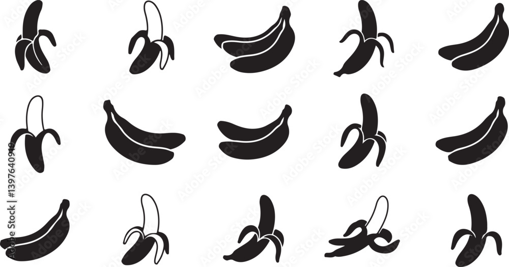 Banana vector icons. Simple illustration set of banana elements, editable icons, can be used in logo, UI and web design Banana vector icons. Simple illustration set of banana elements, editable icons, can be used in logo, UI and web design