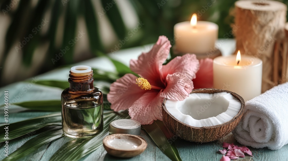 A relaxing spa-inspired summer scene with a tropical flower arrangement, scented candles, and coconut oil. A relaxing spa-inspired summer scene with a tropical flower arrangement, scented candles, and coconut oil.