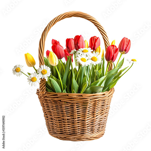Vintage wicker basket filled with tulips and daisies , Transparent Image , May Day illystration