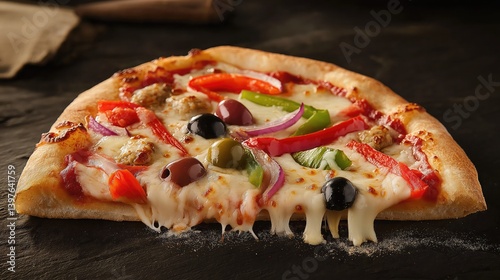 A mouth-watering slice of pizza with a combination of colorful vegetables like red and green bell peppers, olives, and onions.