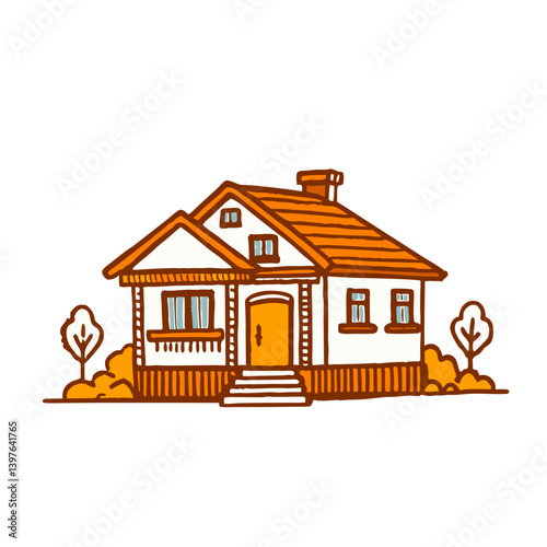 Charming illustrated house with surrounding trees and shrubs  