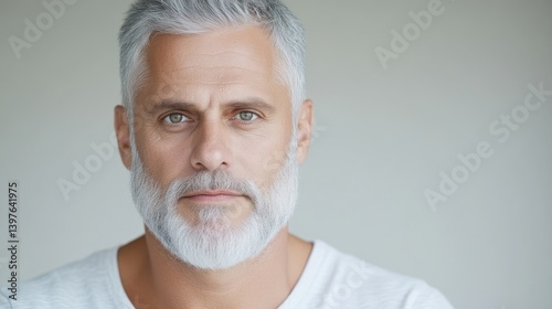 Mature man with gray hair and beard, serious expression