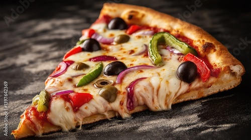 A mouth-watering slice of pizza with a combination of colorful vegetables like red and green bell peppers, olives, and onions.