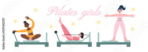 Cartoon Pilates Stickers. Healthy Lifestyle, Fitness, Mindful Movement and Practice. Girl Mascot Characters. Vector Collection Activity Mascots
