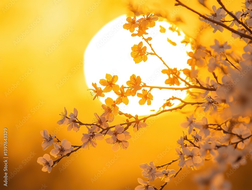 Cherry blossom tree against yellow sun with negative space above