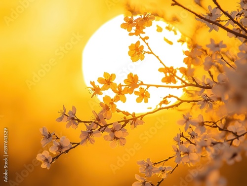Obraz na płótnie Cherry blossom tree against yellow sun with negative space above w salonie