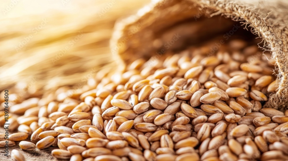Obraz premium Wheat grains spilling from burlap sack