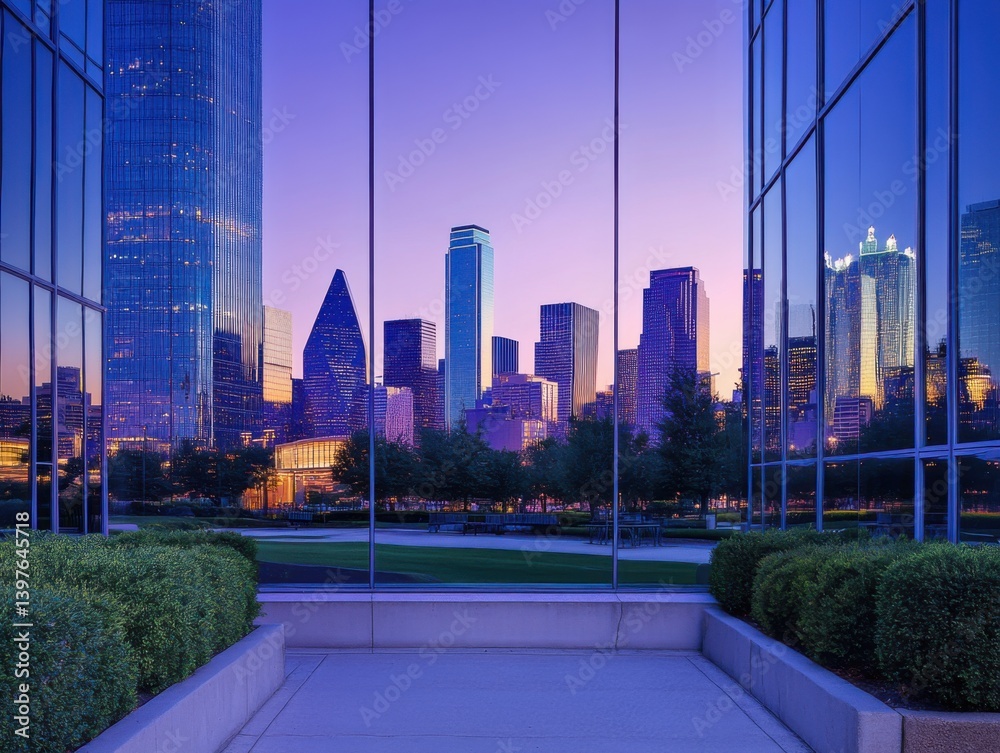 City skyline mirrored in glass facade with twilight lighting and negative space above