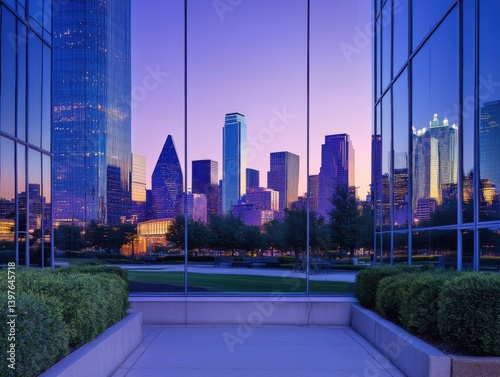 City skyline mirrored in glass facade with twilight lighting and negative space above