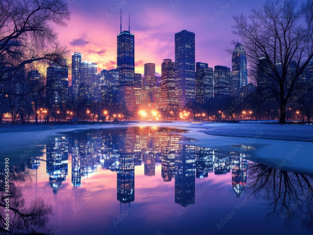 City skyline mirrored in glass facade with twilight lighting and negative space above