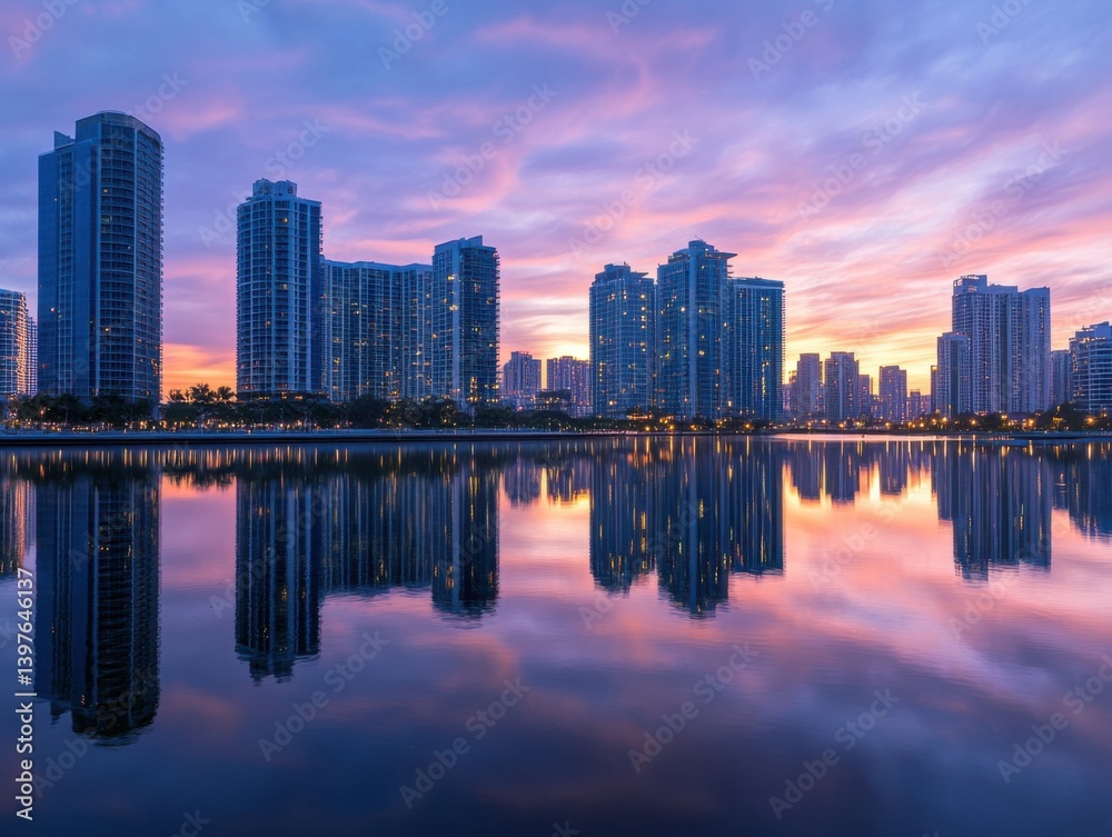 City skyline reflected in water during golden hour with copy space above