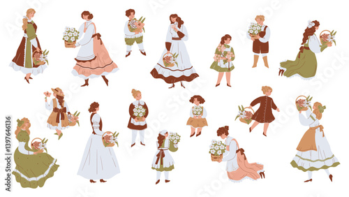 Vintage cottagecore  women kids bouquets  flowers
