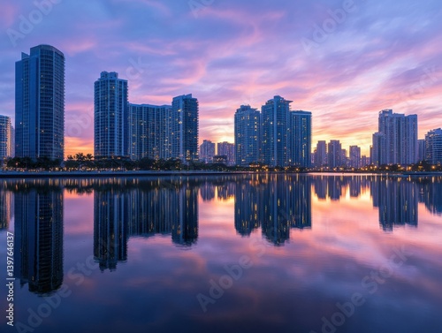 Obraz na płótnie City skyline reflected in water during golden hour with copy space above w salonie