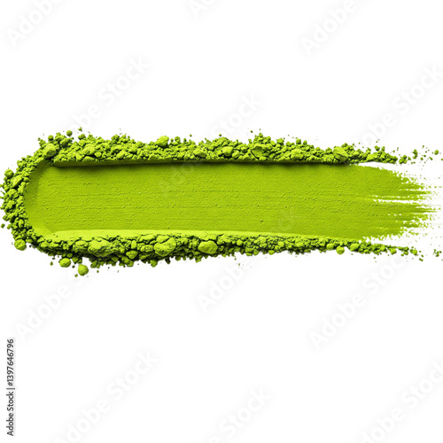 Matcha bright green powder line, tea isolated on white background, top view