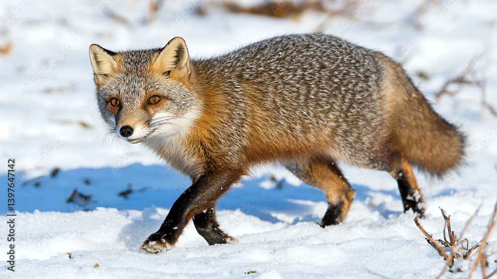 Fototapeta premium gray fox walking through snow, showcasing its beautiful fur and alert expression in winter landscape
