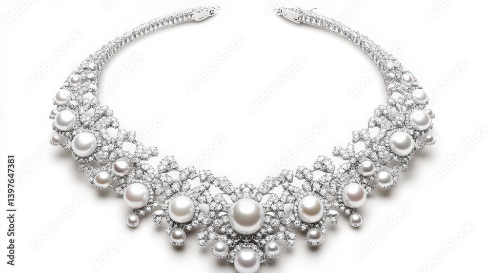 A stunning pearl necklace elegantly displayed on a white background, enhancing its beaut A stunning pearl necklace elegantly displayed on a white background, enhancing its beaut