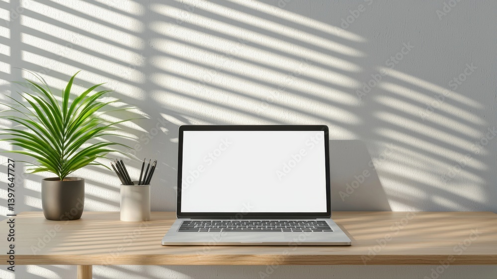 Minimalistic workspace with a laptop, plant, and pens on a wooden desk under natural light. Minimalistic workspace with a laptop, plant, and pens on a wooden desk under natural light.