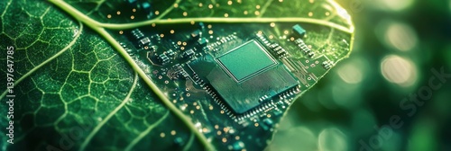 Technology and nature fusion with circuit board on leaf for eco-friendly innovation design. Sustainability assessment