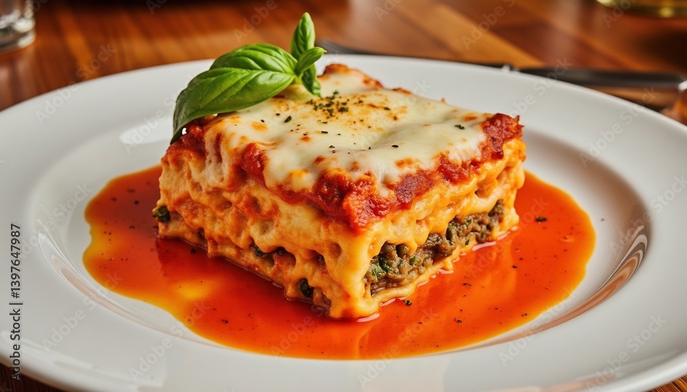 Delicious Lasagna With Meat Sauce And Basil On A White Plate Delicious Lasagna With Meat Sauce And Basil On A White Plate