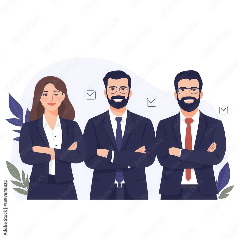 Three confident professionals in business attire pose together, showcasing teamwork and collaboration in a modern office environment. Three confident professionals in business attire pose together, showcasing teamwork and collaboration in a modern office environment.