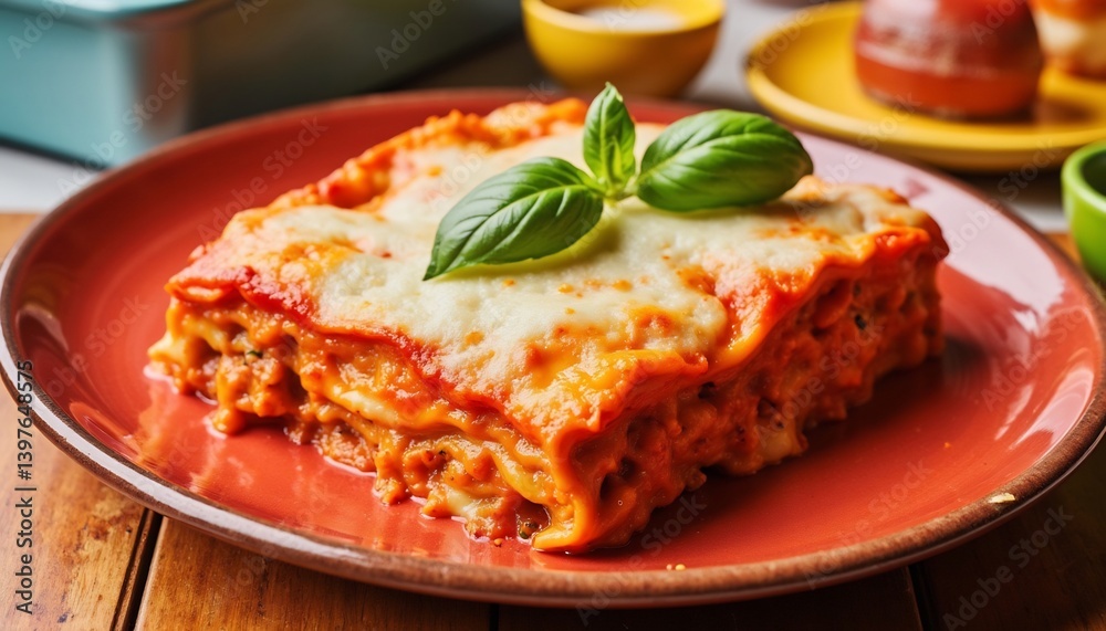 Delicious Slice Of Homemade Lasagna Topped With Basil Ready To Serve Delicious Slice Of Homemade Lasagna Topped With Basil Ready To Serve