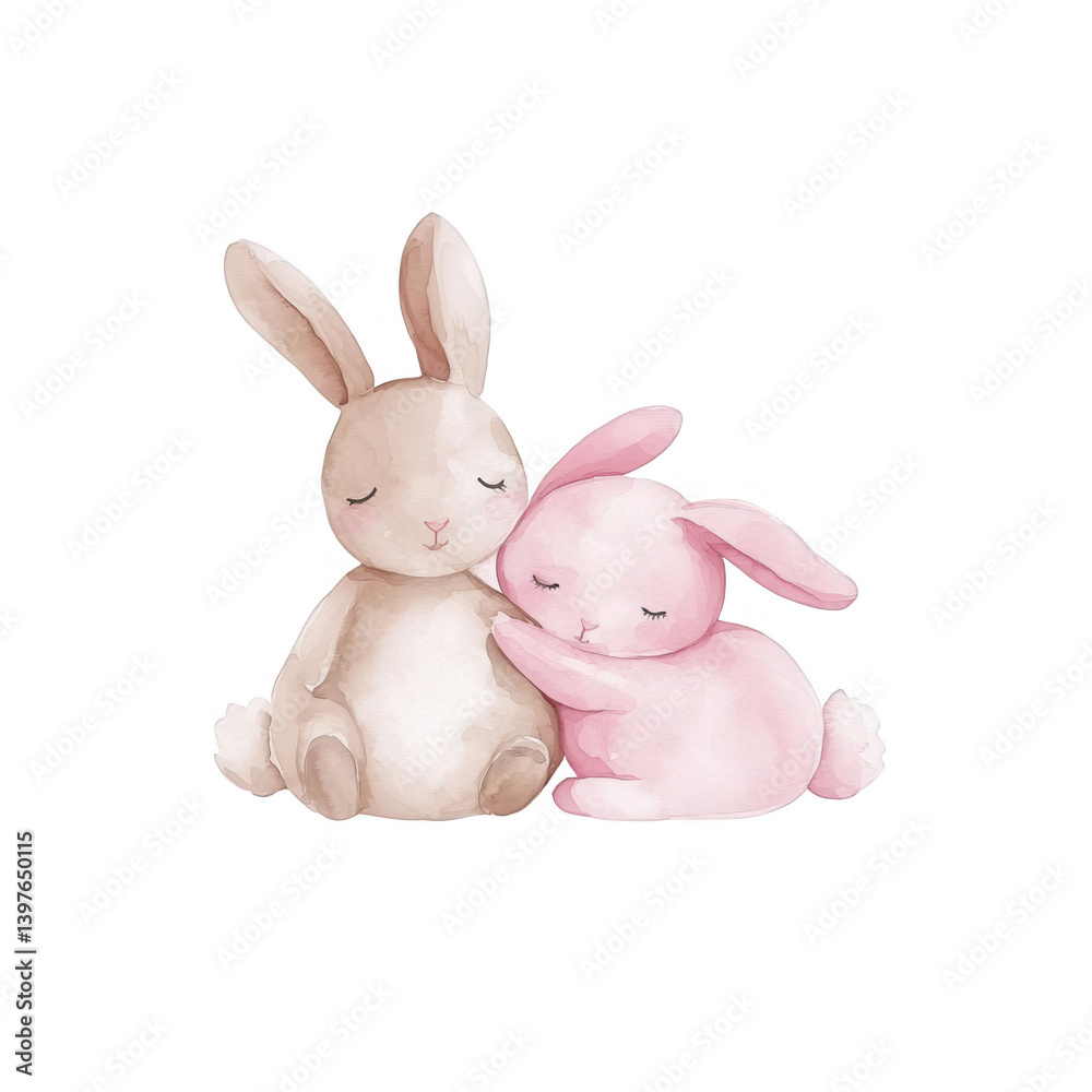 Two adorable bunnies sitting closely together, creating a heartwarming scene of friendship and love, white isolate background.