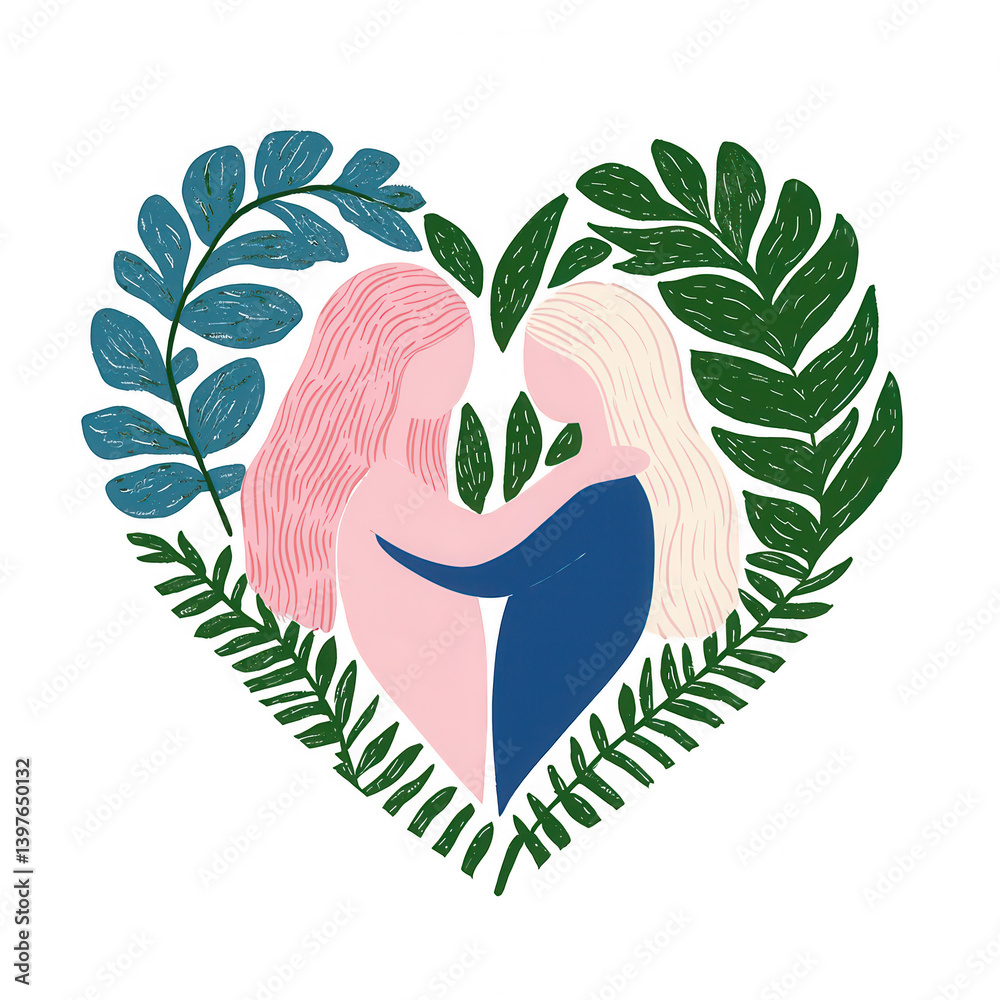 Naklejka premium Two abstract figures embracing in a heart-shaped arrangement of lush green leaves, symbolizing love and connection, against a white background.