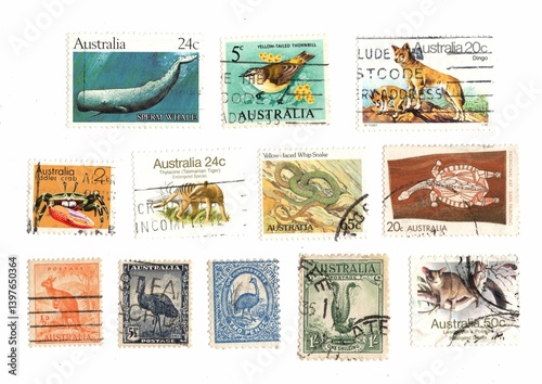 Vintage postage stamps from Australia isolated on a white background.