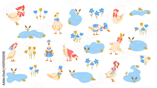 Fairytale vintage characters geese in hats lake