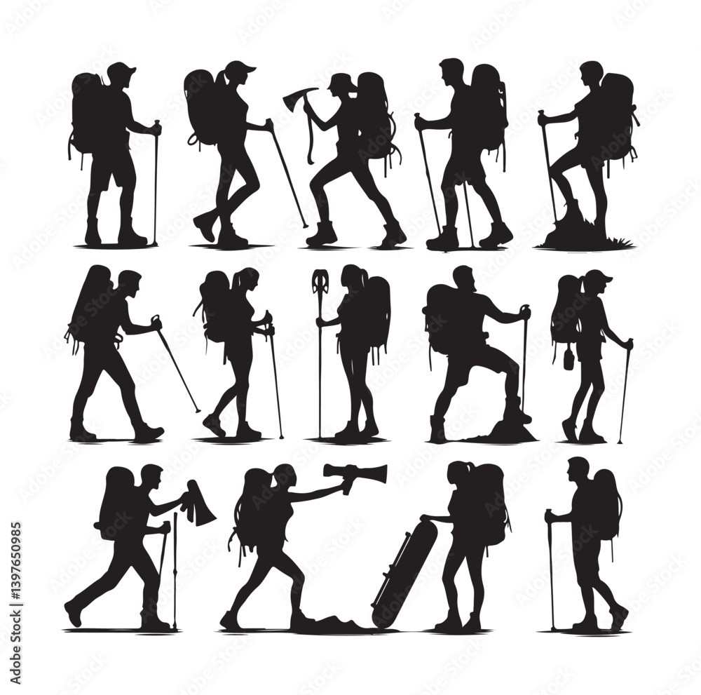 Obraz premium Male and female hiker set silhouette vector on White Background.