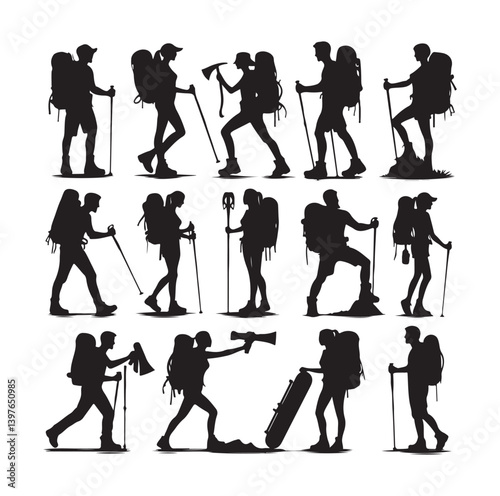 Male and female hiker set silhouette vector on White Background.