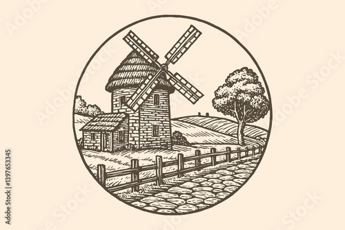 Vintage circular engraving of a windmill and countryside scene