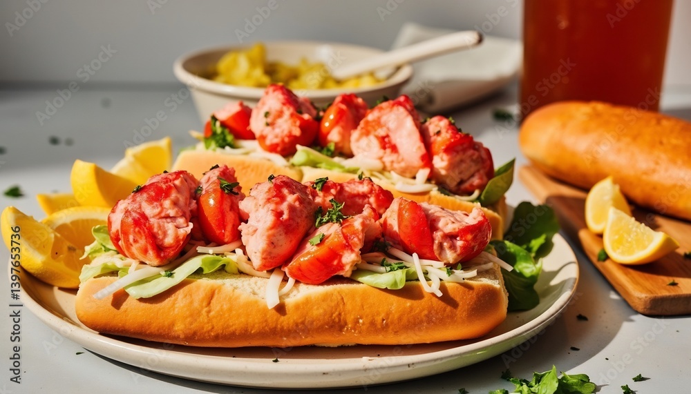 Delicious Lobster Rolls With Fresh Lemon Wedges And Salad Greens Delicious Lobster Rolls With Fresh Lemon Wedges And Salad Greens