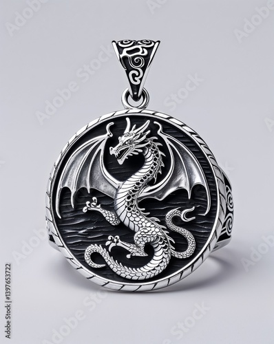 A silver dragon pendant and wide ring jewelry set in plain white background