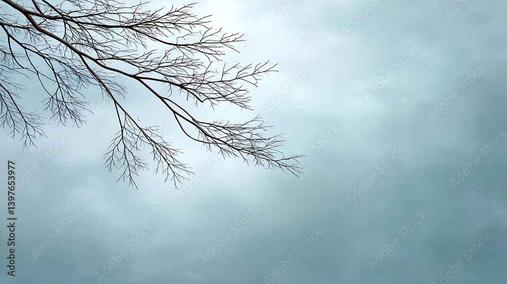 Obraz premium Bare tree branch silhouette against a cloudy blue sky background creating a serene natural atmosphere