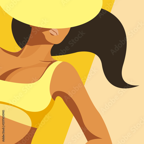 vector trendy illustration on the theme of summer holidays. beautiful young tanned girl in a yellow swimsuit sunbathes on the beach. useful for advertising summer vacations, resorts, hotels, beaches.