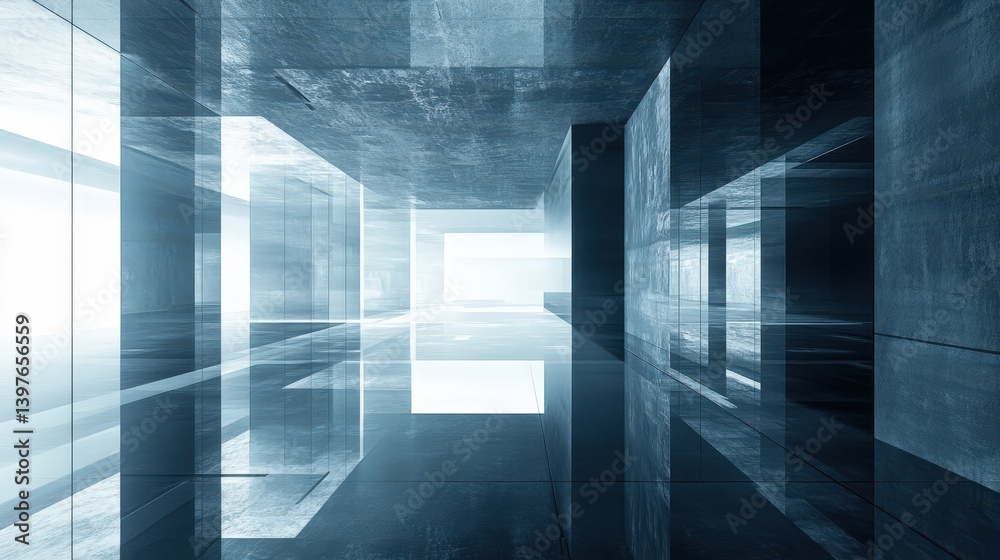 A surreal abstract interior with endless reflective surfaces creating infinite depth A surreal abstract interior with endless reflective surfaces creating infinite depth