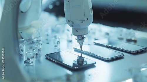 Automated robot performing manufacturing tasks on electronic mobile devices