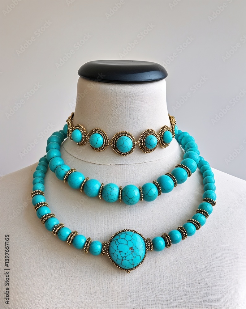 A turquoise beaded choker and bangle jewelry set in plain white background A turquoise beaded choker and bangle jewelry set in plain white background