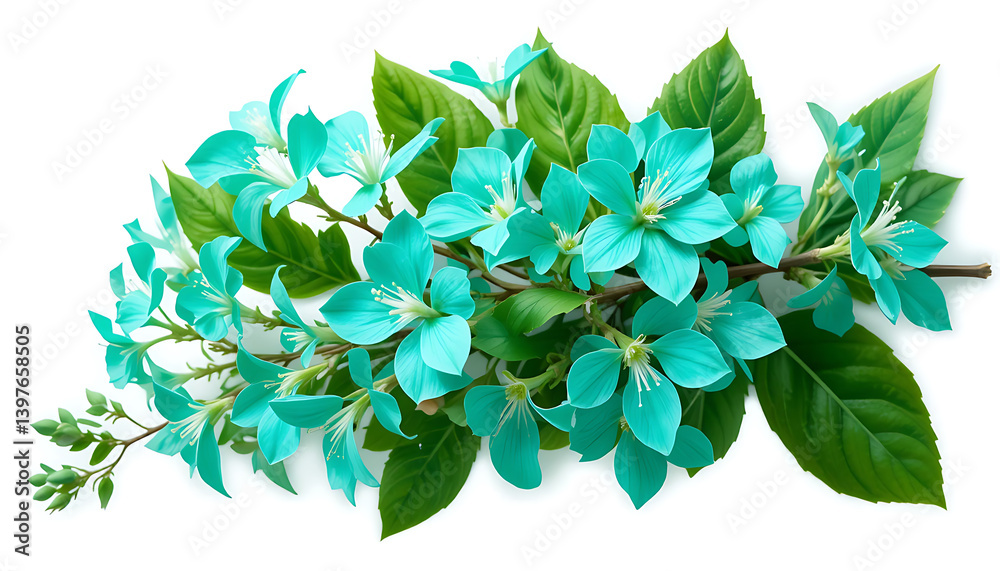 Elegant Turquoise Flower Branch with Green Leaves on White Background Elegant Turquoise Flower Branch with Green Leaves on White Background