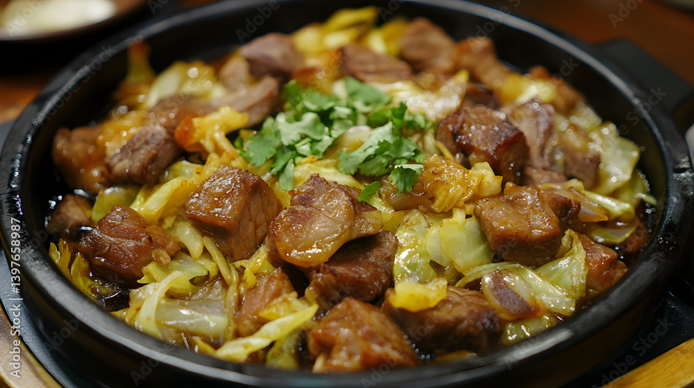 Beef and Cabbage Hot Pot with Coriander Garnish Beef and Cabbage Hot Pot with Coriander Garnish