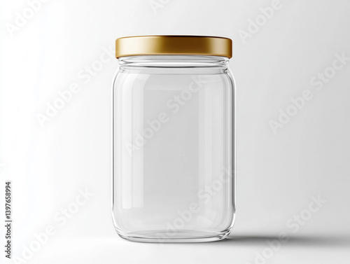 Clear glass jar with golden lid designed for storage and preservation of various items